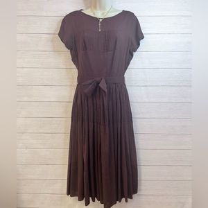Vintage Lorch of Dallas Midi Bow Belted Unlined House Frock Dress 50s Brown 💗